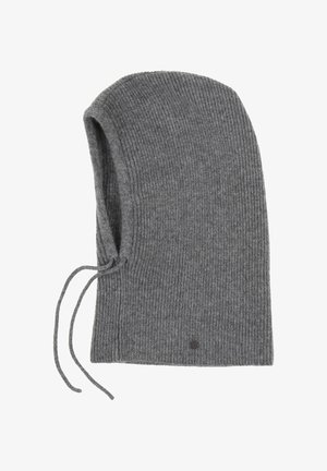 Kötött szürke balaklava bordás textúrával, állítható zsinórral és egy kis logó részlettel. Puha és illeszkedő dizájn a melegségért.