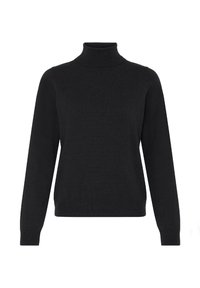 Schwarzer Rollkragenpullover aus Strickstoff. Er hat lange Ärmel, einen gerippten Kragen und eine glatte Textur mit schmaler Passform.
