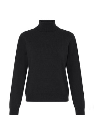 Maglione a collo alto nero realizzato in tessuto a maglia. Presenta maniche lunghe, un colletto a costine e una superficie liscia con una silhouette aderente.