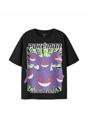 T-shirt noir à manches courtes avec cinq personnages Gengar violets aux yeux rouges et grands sourires, avec les textes "Pokémon" et "Gengar 094".