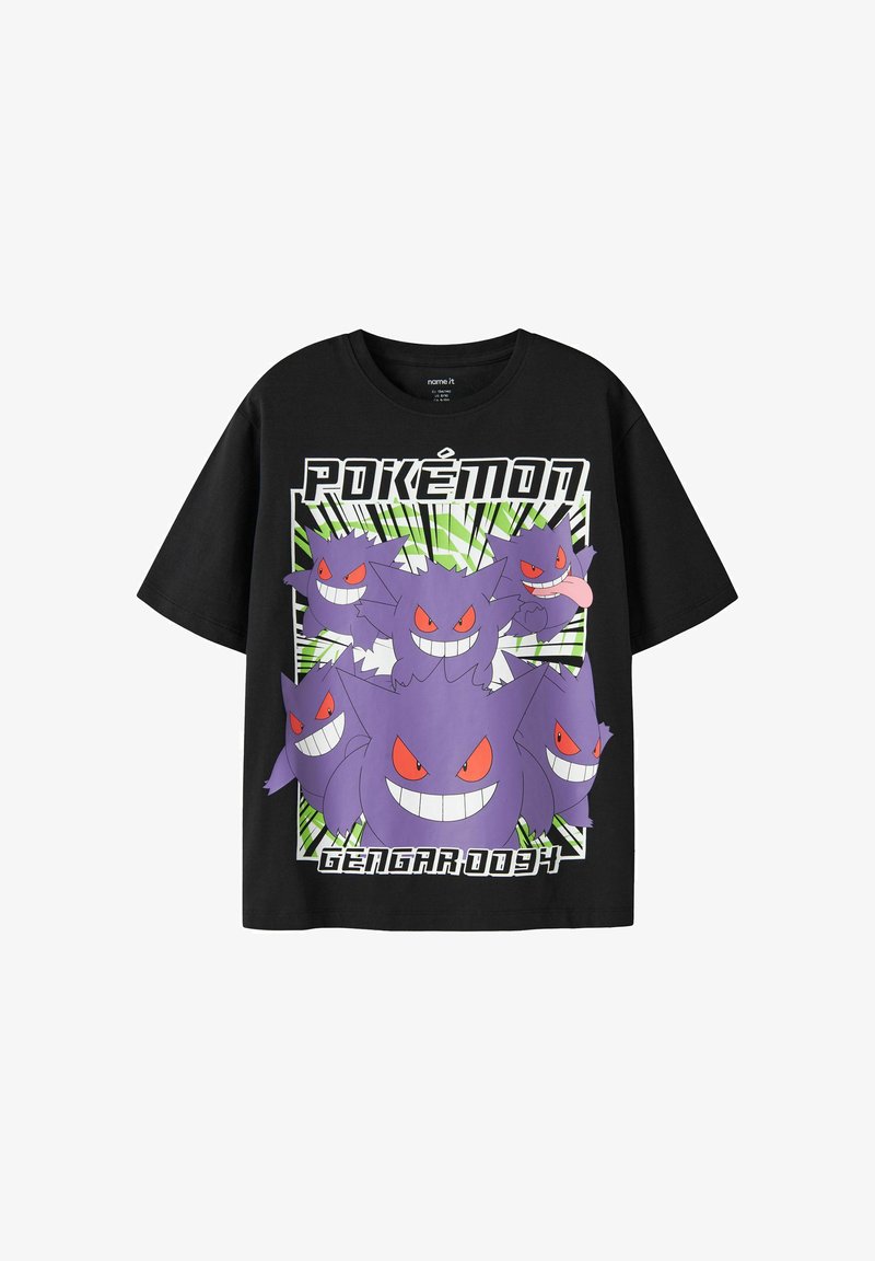 T-shirt noir à manches courtes avec cinq personnages Gengar violets aux yeux rouges et grands sourires, avec les textes "Pokémon" et "Gengar 094".