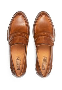Brown leather loafers with a smooth finish, featuring a raised front band and detailed stitching along the edges. Flat sole, slip-on design.