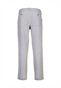 Lichtgrijze linnen broek met een rechte pasvorm, twee achterzakken en decoratieve stiksels langs de tailleband en zoom.