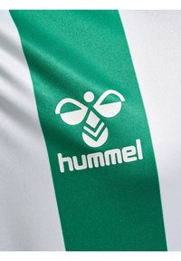 Grön och vit sporttröja med ett djärvt, strukturerat tyg och vertikala ränder. Logotypen "hummel" visas framträdande i vitt.