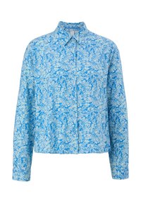 Chemise à manches longues boutonnée avec col pointu, présentant un petit motif floral bleu et blanc et un ourlet droit.