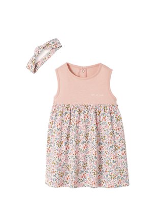 Sleeveless pink baby dress with floral patterned skirt and matching floral headband, back snap button closure.