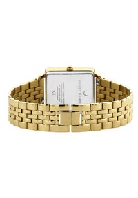 Montre rectangulaire en métal doré avec un bracelet métallique, dotée d'un verre en saphir clair et d'un design de fermoir simple à l'arrière.