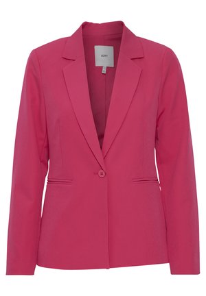 Pink blazer with a notched lapel, single-button closure, two faux pockets, and a smooth, lightweight fabric. Suitable for formal occasions.