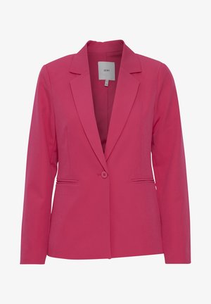 Blazer rose avec un revers cranté, fermeture à un bouton, deux fausses poches et un tissu lisse et léger. Convient pour des occasions formelles.