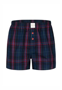 Boxerky v námořnicky modrém károvaném vzoru s červenými a zelenými akcenty; elastický pas, zapínání na tři knoflíky a měkký bavlněný materiál.