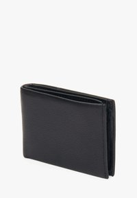 Zwarte leren portemonnee met een textuurafwerking, bi-vouw ontwerp en afgeronde hoeken. Compacte vorm die geschikt is voor kaarten en contant geld.