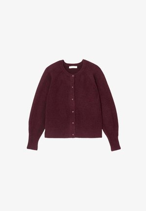 Cardigan bordeaux en tissu tricoté doux. Il présente un col rond, une fermeture à boutons à l'avant et des manches longues avec une coupe légèrement décontractée.