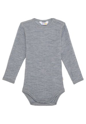 Grå långärmad bodysuit i ribbat tyg med rund halsringning och tryckknappar vid axeln och botten för enkel påklädning.
