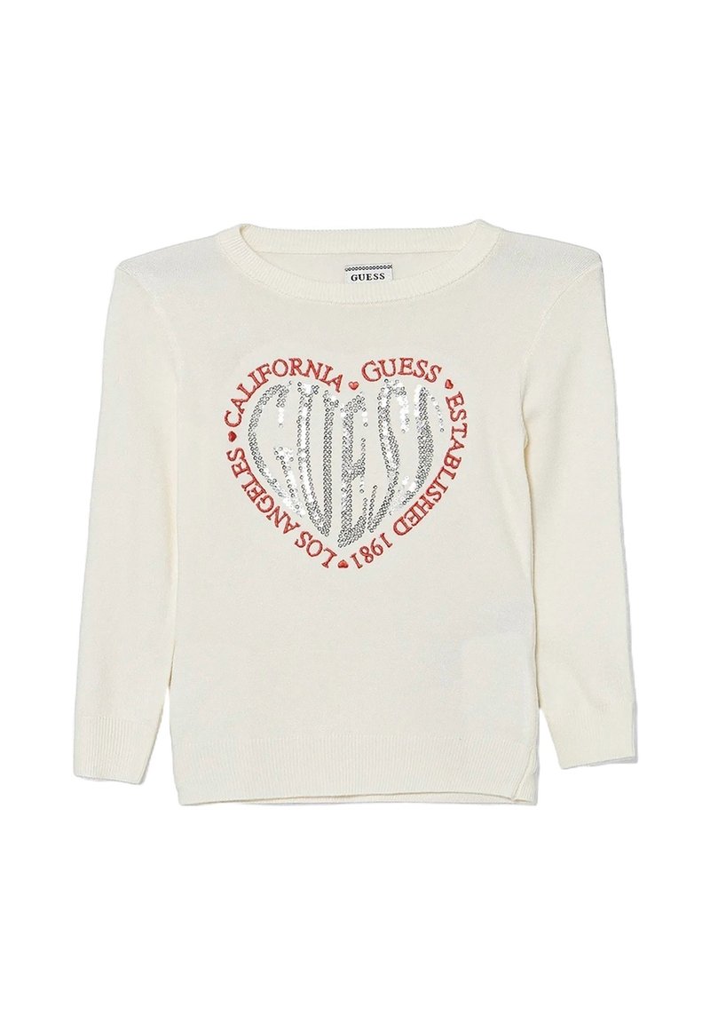 Maglione color crema con collo rotondo, caratterizzato da un design a cuore argentato luccicante al centro e testo rosso attorno ad esso.