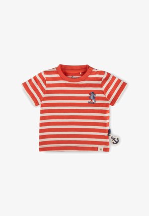Kurzärmeliges Babyshirt mit roten und weißen horizontalen Streifen, kleiner Papageienstickerei, seitlichem ankerförmigen Stoffetikett und Schulter-Druckknöpfen.