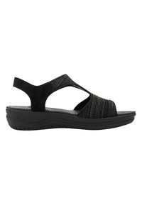Sandali neri con tomaia intrecciata, punta aperta e cinturini elastici. Suola ammortizzata con base in gomma testurizzata per grip e supporto.
