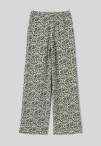 Pantalons évasés en tissu léger avec un motif tacheté noir et beige sur fond blanc. Taille élastique pour plus de confort.