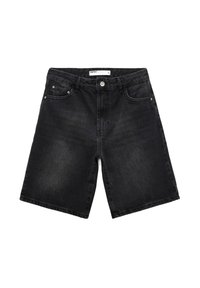 Shorts de mezclilla negra con corte recto, cinco bolsillos, ligero desgastado y cierre de botón en la cintura. La tela tiene una textura suave y resistente.
