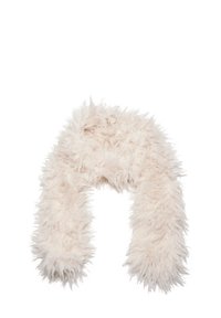 Sciarpa in pelliccia sintetica con una consistenza morbida e soffice, di colore beige chiaro, con un design a spirale per calore e comfort. Senza chiusure o fissaggi visibili.