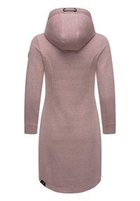Pink long coat with a fitted shape, featuring a hood, long sleeves, and side accents. Made of soft fabric with a textured finish.
