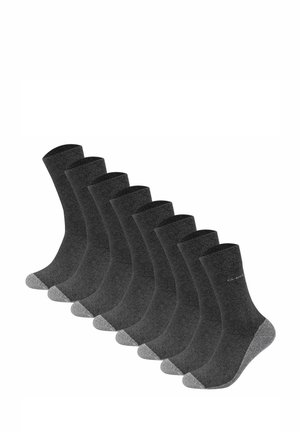 Dunkelgraue Socken mit gerippter Textur, mit verstärkten Zehen- und Fersenbereichen in hellgrau. Set aus zehn Paaren, knöchelhoch.