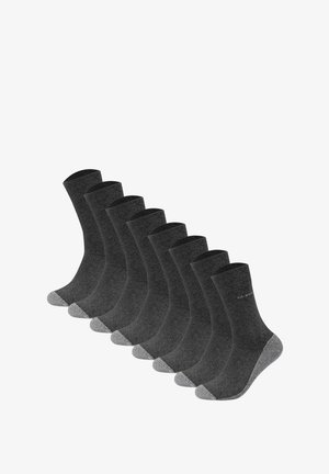 Chaussettes gris foncé avec une texture côtelée, présentant des zones de renfort aux orteils et au talon de couleur gris clair. Ensemble de dix paires, longueur mi-mollet.