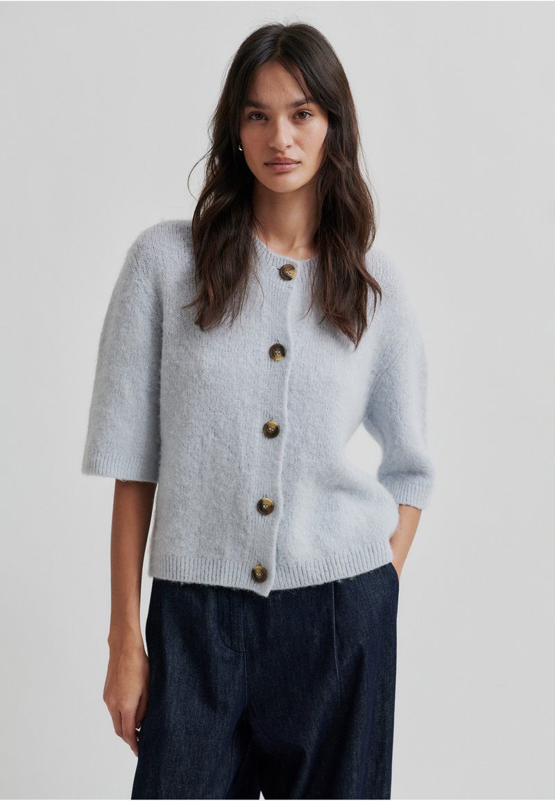Cardigan albastru deschis, dintr-un material texturat și pufoșel, cu mâneci scurte și cinci nasturi maro pe față, purtat peste pantaloni negri.