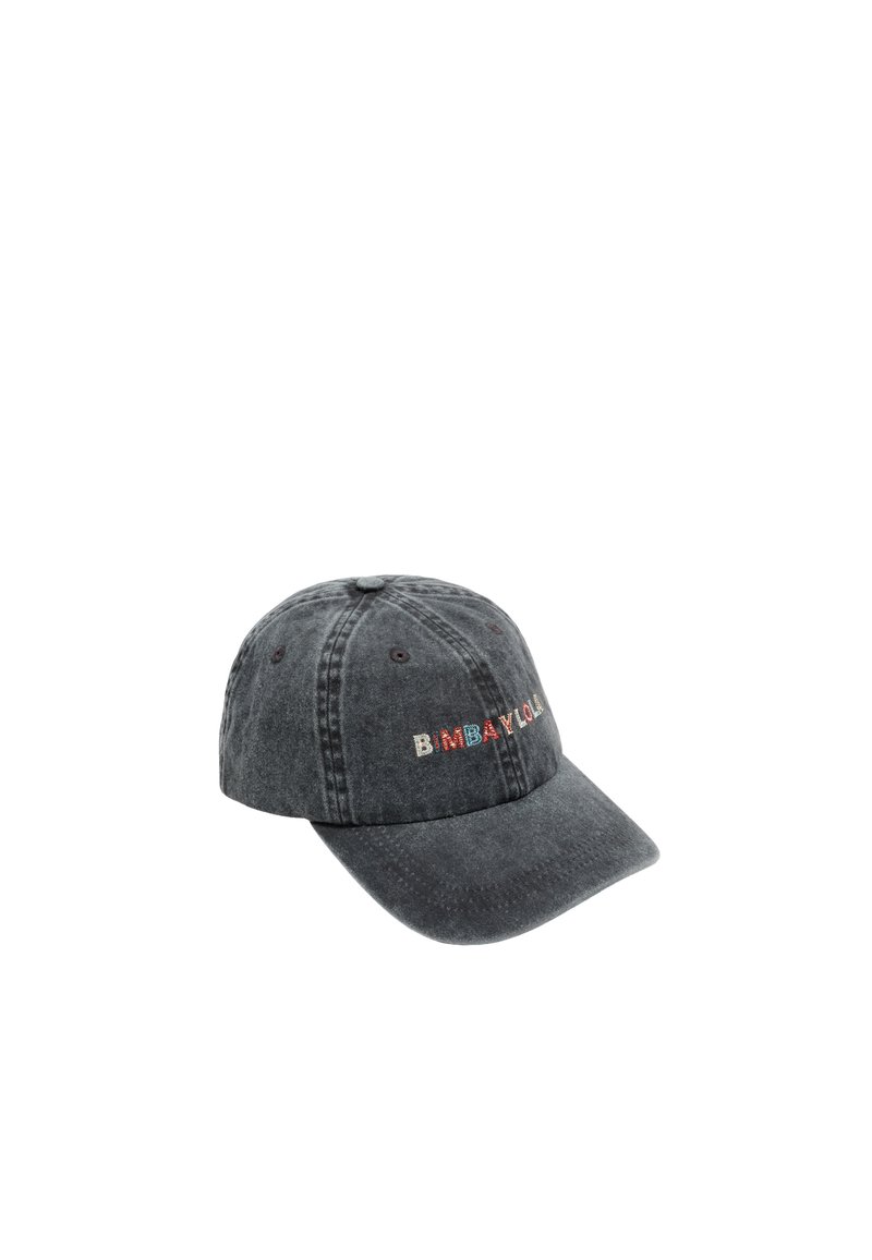 Gorra de béisbol de algodón gris con visera curvada y texto bordado "BIMBABYLON" en hilos multicolores. Presenta un diseño clásico de seis paneles.