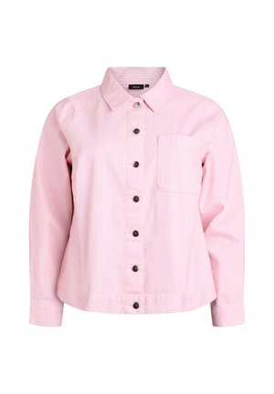 Pink striped button-up shirt with a collar, front pocket, and black buttons, featuring a relaxed fit and smooth fabric texture.