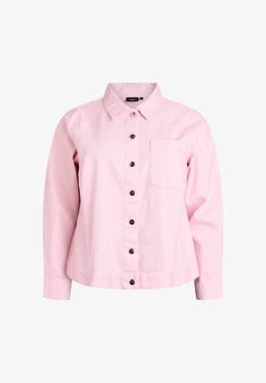 Lyserød stribet skjorte med knapper, krave, brystlomme og sorte knapper, med en afslappet pasform og blød stofstruktur.