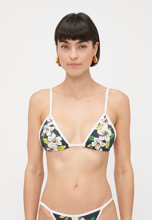 Floral print bikini top with triangular cups, featuring a navy background, white trim, and green and yellow accents. Adjustable straps included.