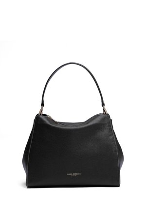 Zwarte gestructureerde leren handtas met een enkele gebogen handgreep, gouden rits en het logo "Isabel Bernard Paris" in goud aan de voorkant in het midden.