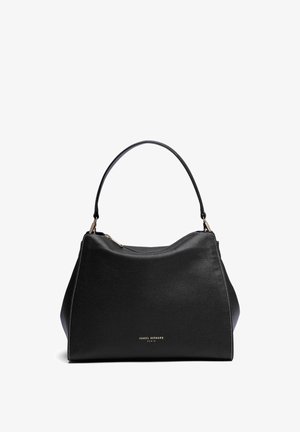 Zwarte gestructureerde leren handtas met een enkele gebogen handgreep, gouden rits en het logo "Isabel Bernard Paris" in goud aan de voorkant in het midden.