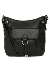 Borsa a spalla in pelle nera con finitura texturizzata, tasca anteriore con pattina, hardware argentato e tracolla regolabile. Presenta un dettaglio centrale a forma di anello.