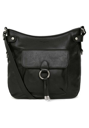 Black leather shoulder bag with a textured finish, a front flap pocket, silver hardware, and an adjustable strap. Features a central ring detail.