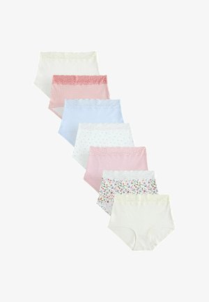 Syv par dameundertøj med høj talje i forskellige pastelfarver og blomster-, ternmønstre, hver med blonderkant øverst.
