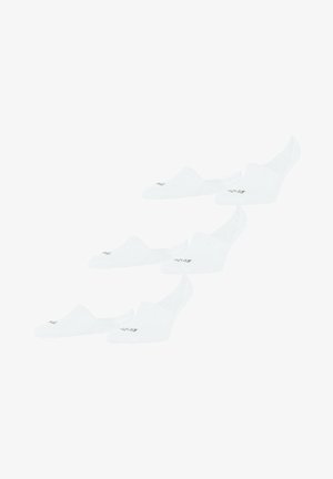 Fünf Paar weiße, niedrige Socken mit einer weichen Textur, die ein tiefes Schnittdesign aufweisen und auf jeder Socke ein kleines graues Logo haben.