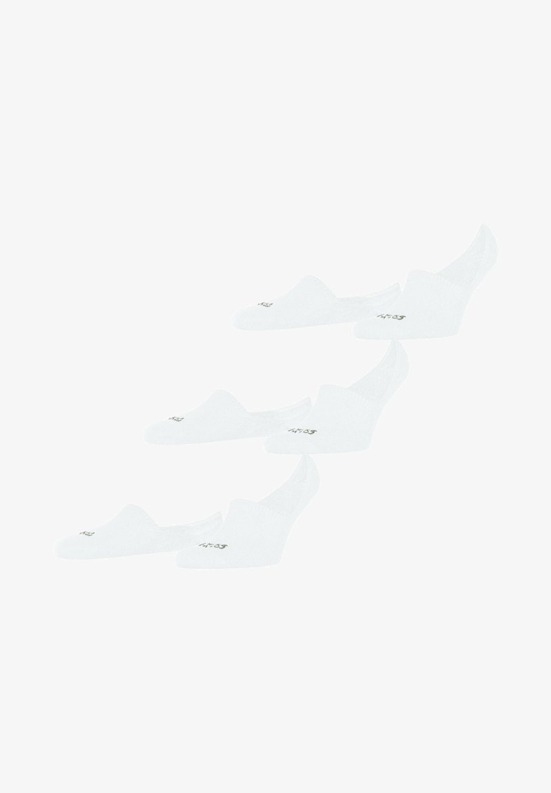 Vijf paar witte no-show sokken met een zachte textuur, met een laag gesneden ontwerp en een klein grijs logo op elke sok.