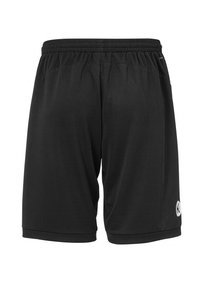 Zwarte sportshorts met een elastische tailleband, voorzien van twee zijzakken en een circulair logo op het linkerpijpje. Glad stofmateriaal.