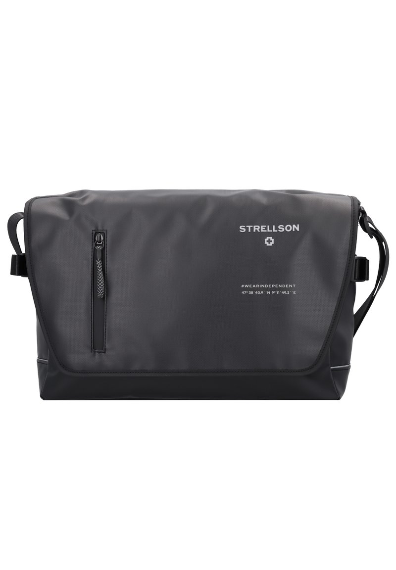 Borsa a spalla nera realizzata in materiale testurizzato e resistente all'acqua. Presenta una tasca anteriore con zip e una tracolla regolabile. Logo Strellson visibile.