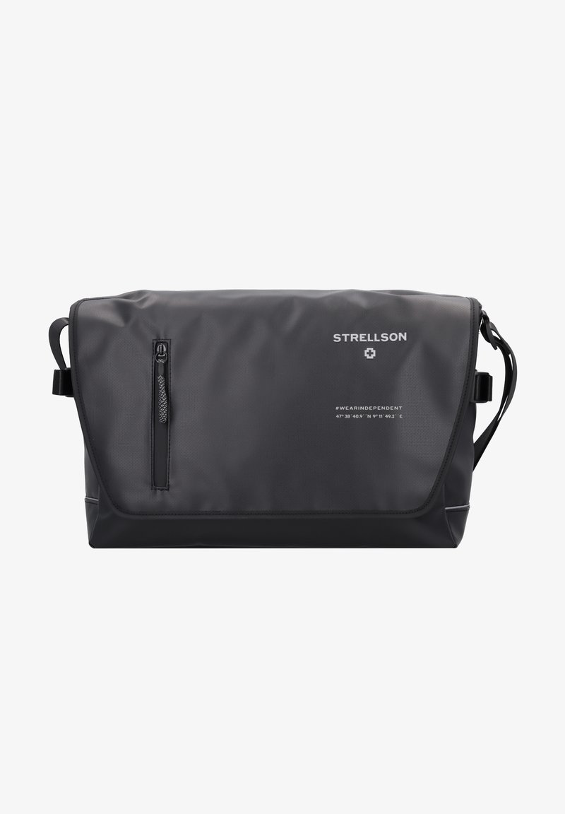 Borsa a spalla nera realizzata in materiale testurizzato e resistente all'acqua. Presenta una tasca anteriore con zip e una tracolla regolabile. Logo Strellson visibile.