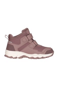 Rosa High-Top-Sneaker mit zwei Klettverschlüssen, strukturiertem Obermaterial, verstärkter Zehenpartie und einer klobigen weißen Sohle mit einem gemusterten Profil.
