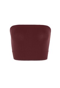 Top strapless bordeaux realizzato in un tessuto liscio e elastico. Caratterizzato da un bordo a coste nella parte inferiore, che offre una silhouette aderente.