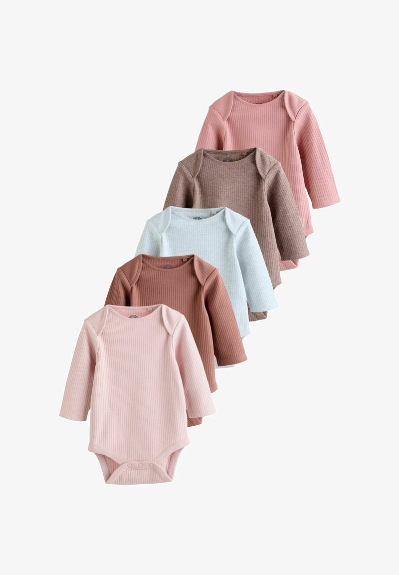 Set of five long-sleeve baby bodysuits. Colors: light pink, dark pink, brown, light blue, grey. Ribbed texture, soft fabric, snap closure.