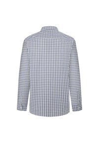 Camisa de manga larga con un patrón de cuadros en azul y blanco. Está confeccionada con un tejido ligero, cuenta con un collar clásico y puños abotonados.