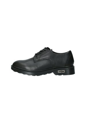 Scarpa da uomo in pelle nera con punta rotonda, tacco basso e design con lacci. Presenta una finitura liscia e una suola in gomma texturizzata.