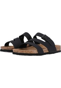 Sandales noires avec trois larges sangles, un accent de boucle et une semelle en liège. La semelle semble en caoutchouc avec une surface texturée.