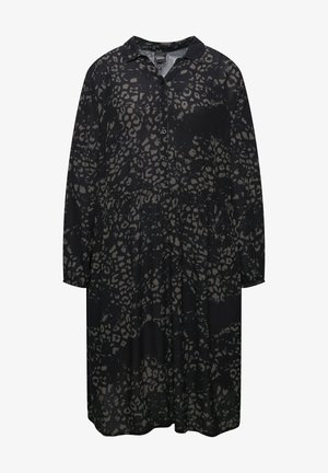 Vestido negro con estampado de leopardo en gris oscuro. Cuello con solapas, cierre de botones y mangas largas con una falda fluida.