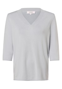 Helles graues V-Ausschnitt-Pullover mit Dreiviertelärmeln, aus einem strukturierten Strickstoff gefertigt. Hat ein schlichtes, sauberes Design ohne Verzierungen.
