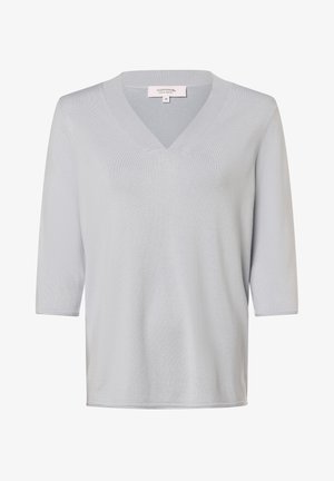 Light gray V-neck sweater with three-quarter sleeves, made of a textured knit fabric. Features a simple, clean design without embellishments.